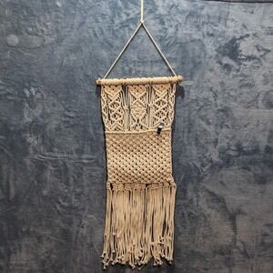 Boho Macrame Wall Hanging with Pocket Cream Cotton Fringe Wall Art Decor New